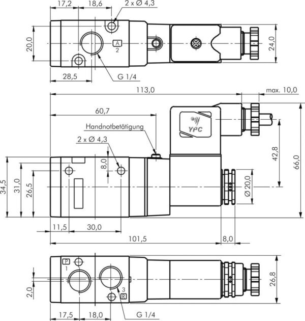 3/2-way solenoid valve, G 1/4", open (NO), 24 V AC